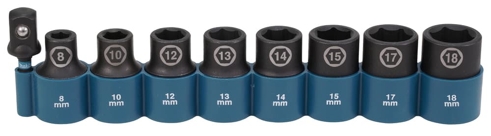 E-16645 - 1/2" impact BLACK dugókulcs 9db-os 8,10,12,13,14,15,17,18mm + 1/4"-1/2" adapter